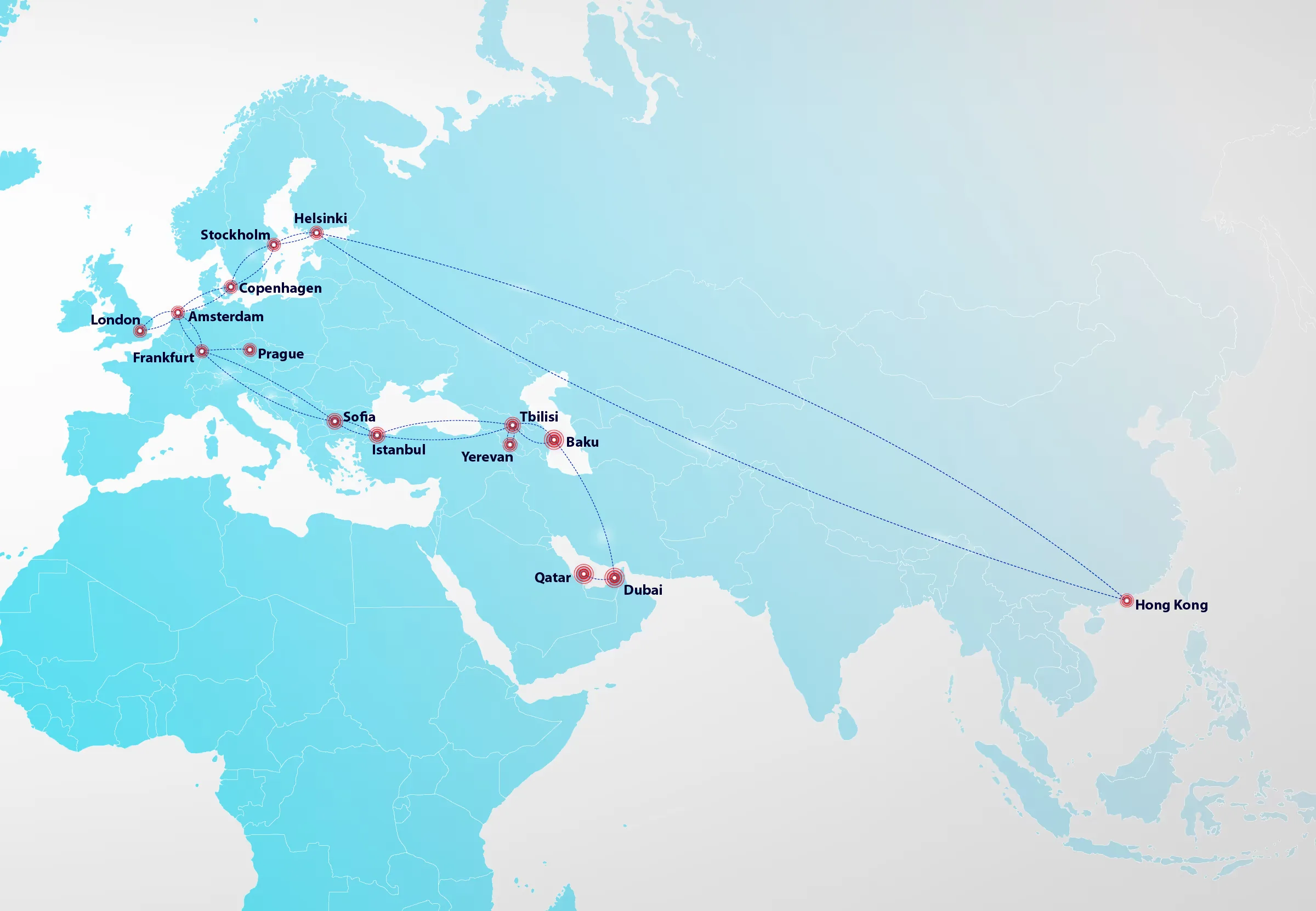 SIACOM network map with 15 points of presence: London, Amsterdam, Frankfurt, Prague, Copenhagen, Stockholm, Helsinki, Sofia, Istanbul, Tbilisi, Yerevan, Baku, Qatar, Dubai, Hong Kong